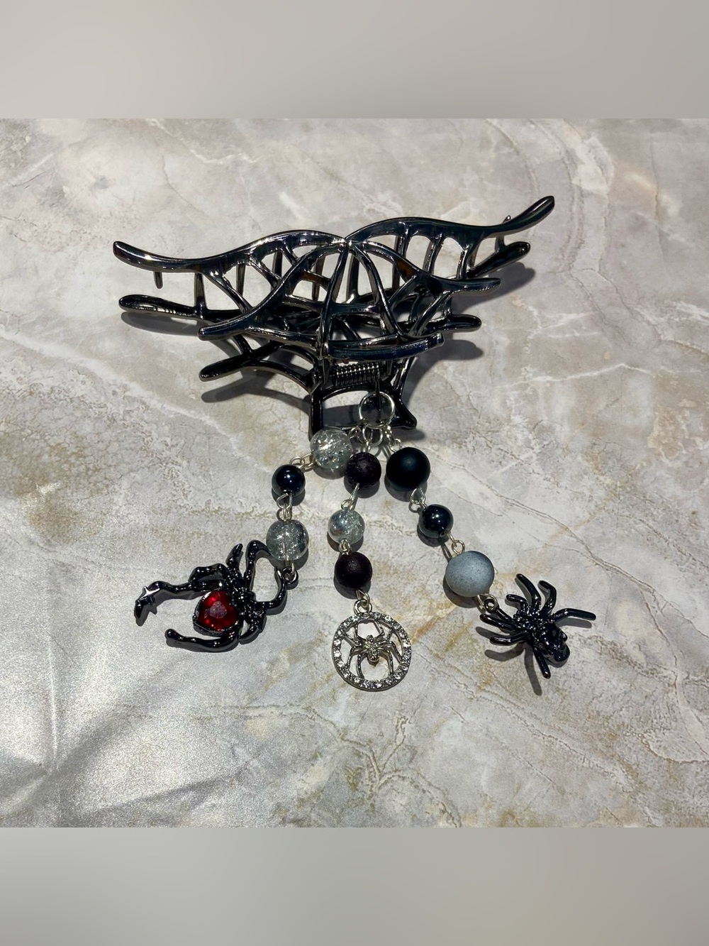 Hand Crafted Black Spider Charm Hair Clip with Beaded Dangles